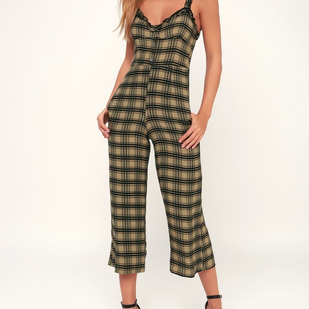 Cancun Olive Green Plaid Wide-Leg Jumpsuit